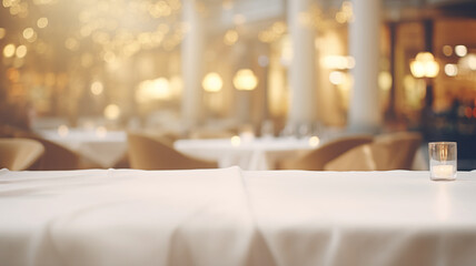 Empty product placement mockup of a white linen-covered table in a luxurious restaurant, with folded napkins and a blurred warm, inviting background, perfect for dining ambiance.
