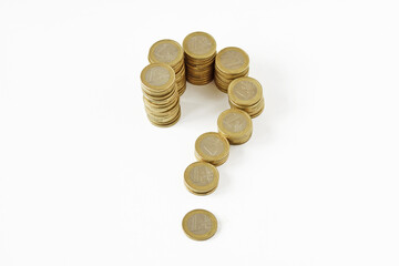 Question mark made of euro coins stack on white background - Concept of money, uncertainty and financial issues