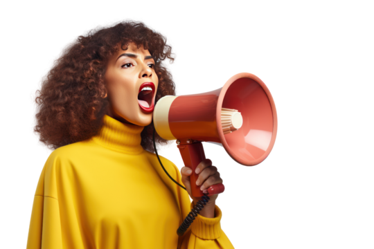 A stylish salesperson screams over a loudspeaker announcing a sale. Isolated on transparent background. PNG file.