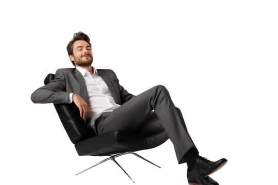 Smiling young professional man working with laptop Isolated on transparent background. PNG file.