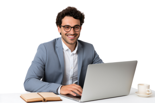 Smiling young professional man working with laptop Isolated on transparent background. PNG file. - Powered by Adobe