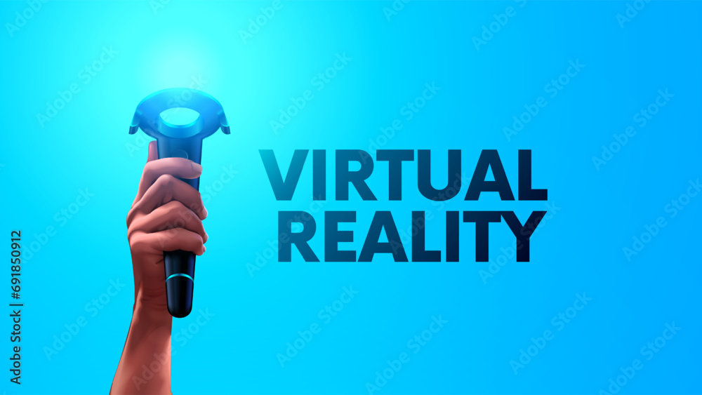 Aufkleber VR controller in hand. 3d video gamer holds it in hand virtual reality gamepad. Hand with the virtual reality gamepad is raised high up. VR joystick controller in the gamer's hand. VR, AR concept.