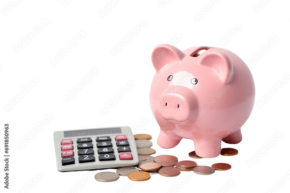 Poster pink piggy bank with coins and calculator concept of savings and investment isolated on transparent 