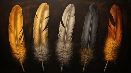 Artwork featuring three feathered quills with the word "O" positioned at the bottom.
