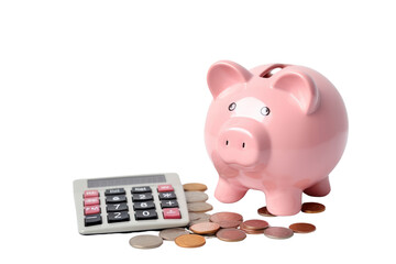 Pink piggy bank with coins and calculator Concept of savings and investment Isolated on transparent background PNG file.