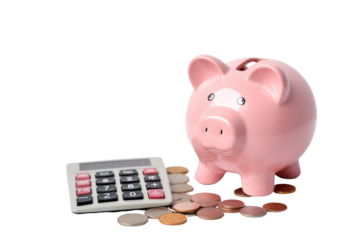 Pink piggy bank with coins and calculator Concept of savings and investment Isolated on transparent background PNG file.