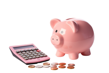 Pink piggy bank with coins and calculator Concept of savings and investment Isolated on transparent background PNG file.