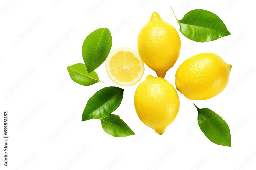Aufkleber Lemon with slices and green leaves Isolated on transparent background PNG file.