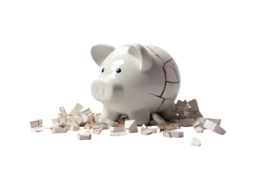 The Broken Pig Bank Financial Crisis describes bankruptcy. Isolated on clear background. PNG file.