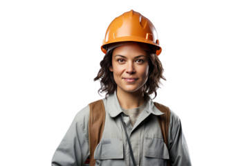Female factory worker wearing a safety helmet Isolated on clear background, PNG file.