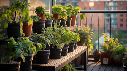 Vertical garden on a high-rise apartment balcony - obrazy, fototapety, plakaty