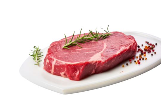 Fresh raw meat on a wooden cutting board with thyme, spices and garlic. Top view. Isolated on a clear background. PNG file.