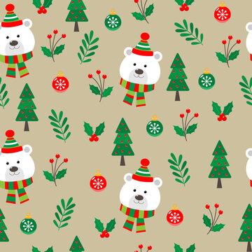 christmas pattern themed items like ornaments, leaves, berries, christmas tree, cute polar bear. Suitable for holiday-themed design projects like wrapping paper, greeting cards, and digital background