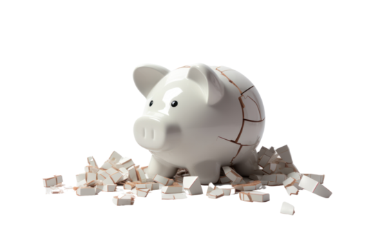 The Broken Pig Bank Financial Crisis describes bankruptcy. Isolated on clear background. PNG file.
