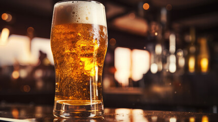 Glass of chilled beer on table and blurred bar background. Glass of beer in a pub close-up. - obrazy, fototapety, plakaty