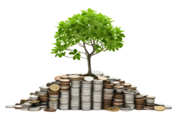 A silver coin with a sapling growing on top. Green business, finance and sustainable investment carbon credits Isolated on transparent background. PNG file.