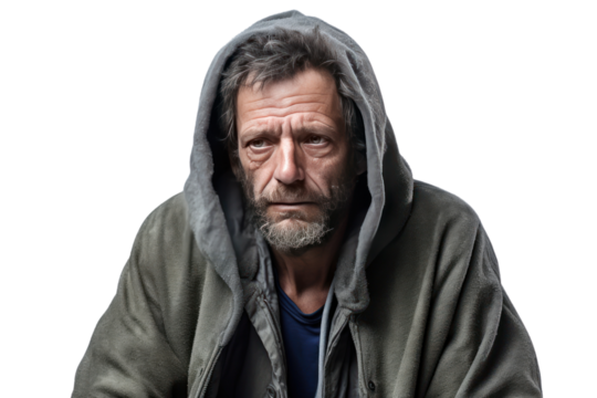 A poor homeless man was crying nearby. Economic recession, unemployment, poverty, global crisis, isolated on transparent background, PNG file.