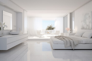 Fototapeta na wymiar Dormitorio luminoso, minimalista, blanco