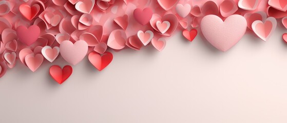 pink valentine's day background With a beautiful heart shape love concept In the Valentine's Day festival happy holiday Copy space panoramic background. Generative AI.