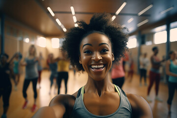 Selfie of a cheerful black woman at a a fitness class - obrazy, fototapety, plakaty