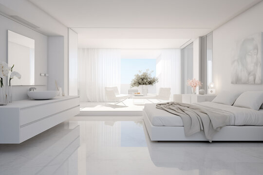 Dormitorio luminoso, minimalista, blanco