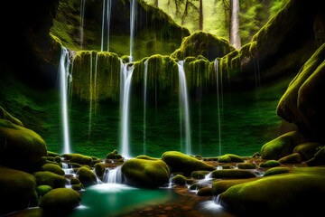 Glistening waterfalls descending into emerald pools nestled amidst a backdrop of towering, moss-covered cliffs.