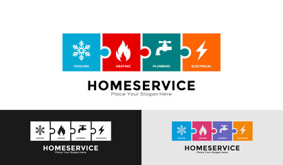 Home service cooling, heating, plumbing, electrical puzzle set logo vector design