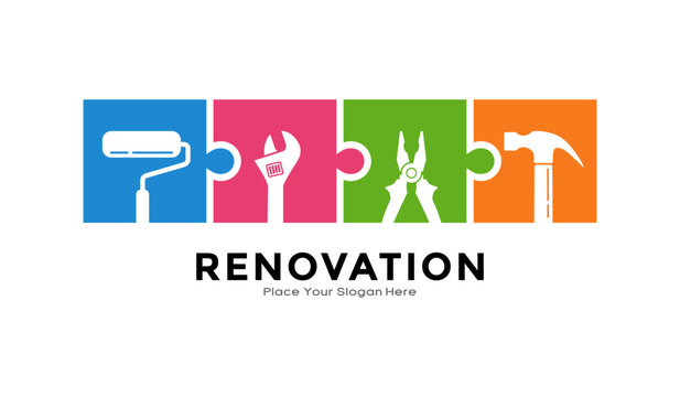 Renovation Puzzle House Logo Vector Template. Suitable For Business, Building And Tool Symbol