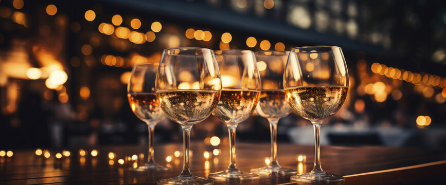 Close up champagne glasses on table with beautiful bokeh light background. New year eve celebration anniversary event party concept.