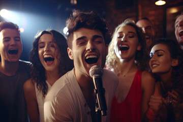 A group of friends singing at a karaoke bar, joyous atmosphere