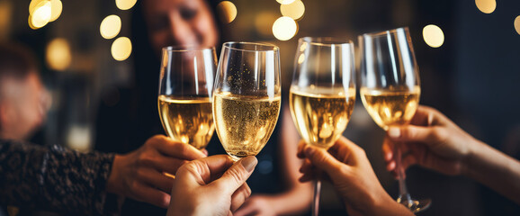 Celebration christmas or new years eve party. Close up people's hand holding glasses of champagne making a toast.