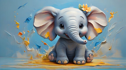 elephant baby sitting on blue background. Can be used for baby shower invitation banner design.  - obrazy, fototapety, plakaty