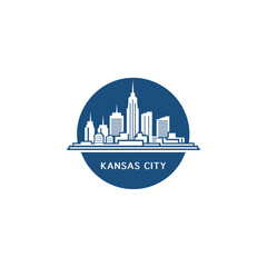 Kansas City US Missouri cityscape skyline panorama vector flat modern logo icon. USA, state of America emblem idea with landmarks and building silhouettes. Isolated blue shape graphic