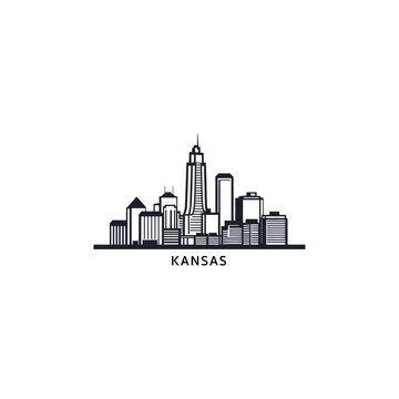 Kansas City US Missouri cityscape skyline panorama vector flat modern logo icon. USA, state of America emblem idea with landmarks and building silhouettes. Isolated thin line graphic