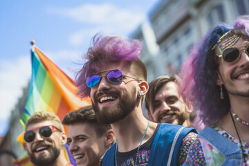 Portrait of a man smiling at a lgbtq+ pride parade
