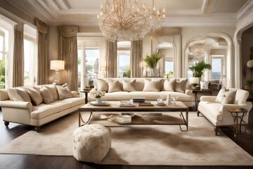 Fototapeta na wymiar A beautifully adorned cream-colored sofa set amidst an elegant living room, exuding comfort and sophistication against a backdrop of tasteful decor elements.