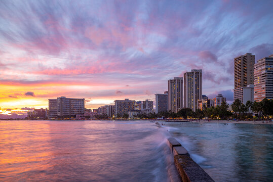 Skyline of Honolulu at Waikiki beach, Hawaii, US