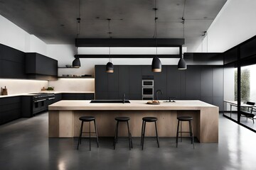 A minimalist kitchen with monochromatic tones, concrete floors, and a seamless blend of modern appliances.
