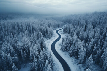 Aerial view of a winding road leading through a snowy forest 