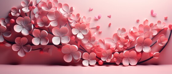 pink valentine's day background With a beautiful heart shape love concept In the Valentine's Day festival happy holiday Copy space panoramic background. Generative AI.