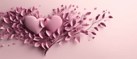 pink valentine's day background With a beautiful heart shape love concept In the Valentine's Day festival happy holiday Copy space panoramic background. Generative AI.