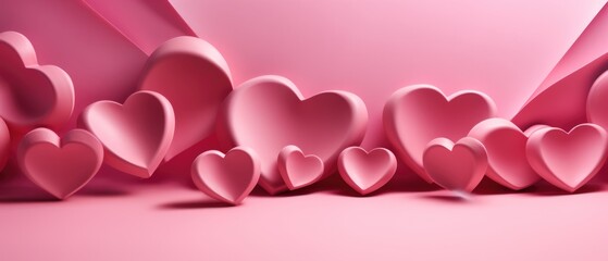 pink valentine's day background With a beautiful heart shape love concept In the Valentine's Day festival happy holiday Copy space panoramic background. Generative AI.