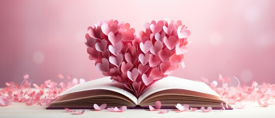 pink valentine's day background With a beautiful heart shape love concept In the Valentine's Day festival happy holiday Copy space panoramic background. Generative AI.