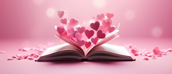 pink valentine's day background With a beautiful heart shape love concept In the Valentine's Day festival happy holiday Copy space panoramic background. Generative AI.