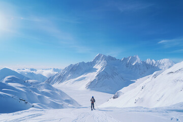 Fototapeta na wymiar A dynamic skier skiing downhill through fresh snow