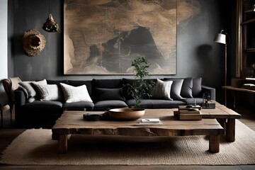 A rustic wooden coffee table complementing a deep charcoal sofa.