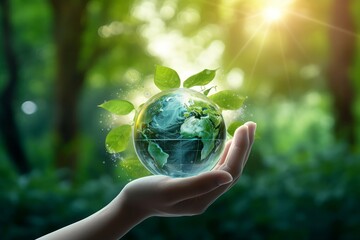 Hands protecting globe of green tree on tropical nature summer background, Ecology and Environment concept, Generative AI