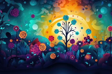 Night landscape with a full moon, trees and flowers. Abstract background for February 2: Dia de la Candelaria.