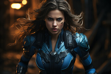 Naklejka premium Female Superhero Full Body Standing A Young Smart Beautiful Girl Angry Expressions Running In City Street