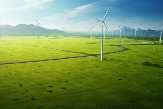 Landscape with Turbine Green Energy Electricity, Windmill for electric power production, Wind turbines generating electricity on rice field at Phan Rang, Ninh Thuan, Vietnam. Generative AI